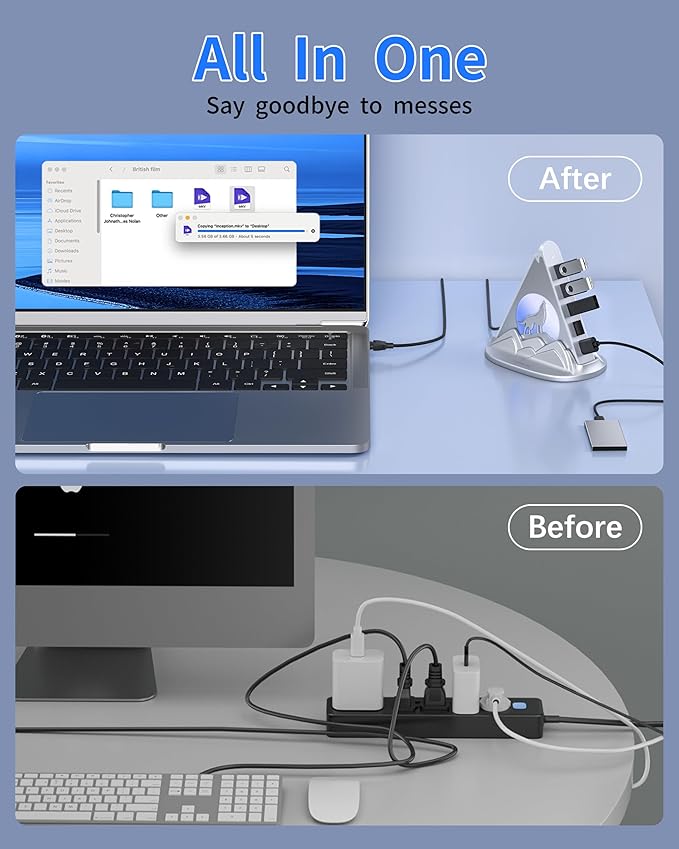 USB Hub 3.0, 7-Port USB Hub with RGB Night Light and Base, Vertical USB a Splitter for Desktop,Laptop, MacBook, Xbox, PS4/5, Game Console, Flash Drive, XPS, PC, Printer, Camera, Keyboard (Silver+Base)