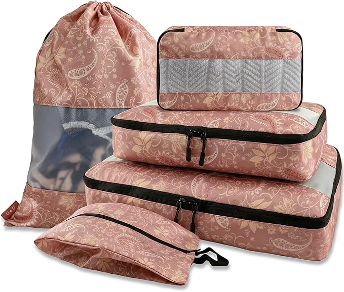U+U 5 Set Packing Cubes for Travel Essentials Ultralight Luggage Packing Organizers with Laundry Bag and Shoe Bag for Vacation, Business Trip and Camping (Paisley Pattern)