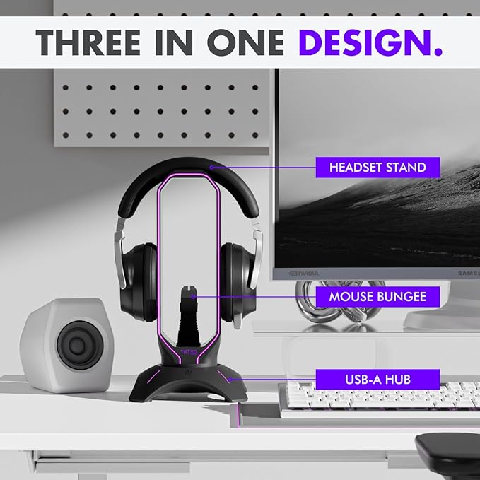 Tilted Nation Gaming Headset Stand | RGB Headphone Stand for Desk with Mouse Bungee and USB Hub (Cool and Clean Setup) Gaming Headset Holder - Perfect Gamer Gift Accessory