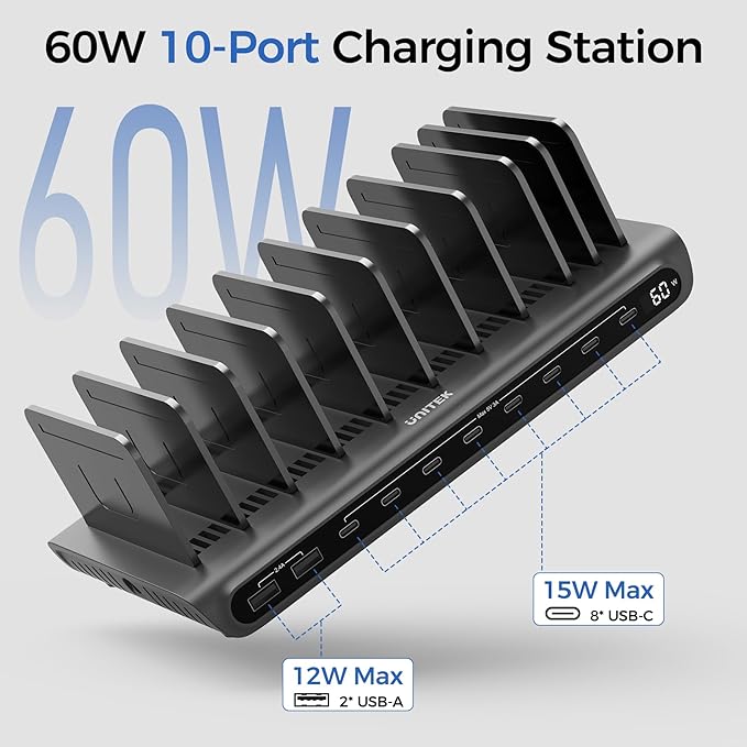 Unitek 10-Port Desktop Charging Dock Ultimate Charging Station for Multiple Devices, iPhones & Apple Products High-Speed USB Hub with LED Display for Office, Kitchen Counter, Desk Organizer