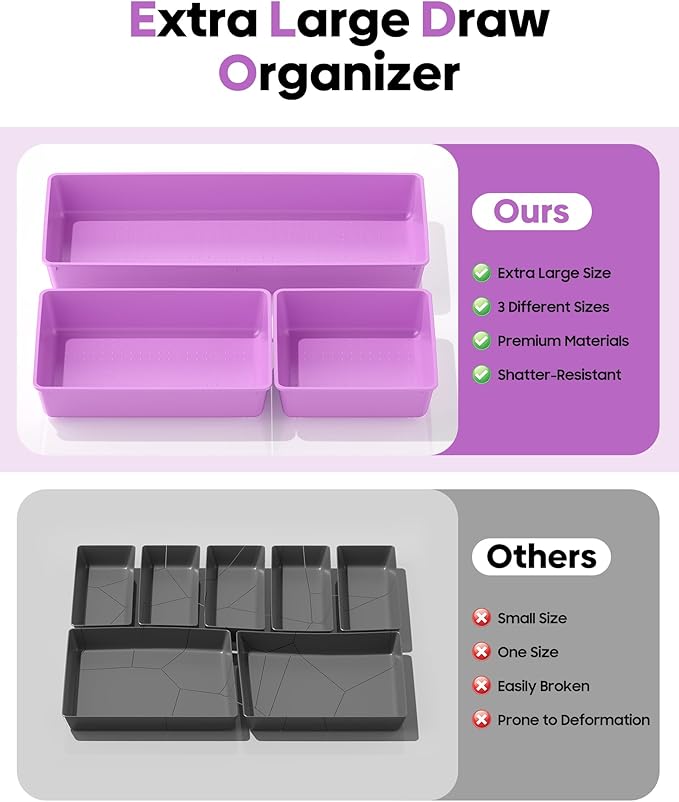 10 Pack Large Size Plastic Drawer Organizers Set, 3 Sizes Desk Drawer Organizer Trays, Storage Bins for Vanity, Makeup, Bathroom, Kitchen Utensils and Office (Purple)