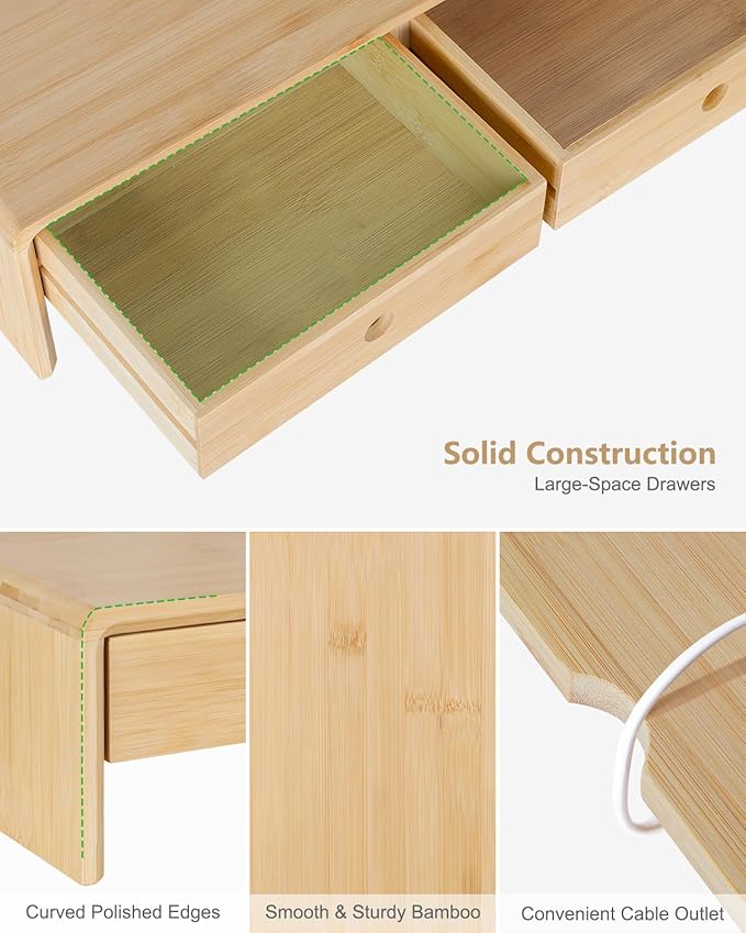 Ufine Bamboo Monitor Stand with 2 Drawers Desktop Organizer Computer Screen Laptop Riser Ergonomic Height for Home Office