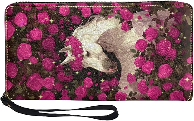 Bulopur Horse Rose Womens Wristlet Wallet Credit Card Holder Purse Credit Card Holder PU Leather Handbag Clutch Purse Customized Gifts for Women Girls Mom Ladies