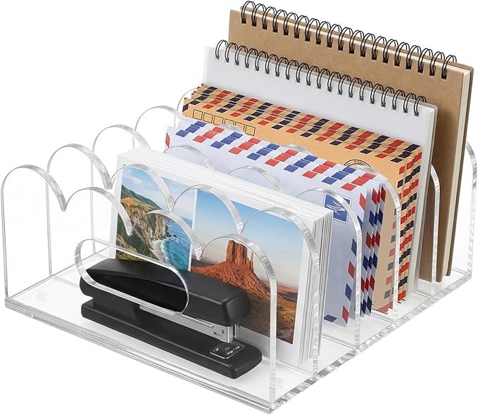 5-Compartments Acrylic Mail Organizer for Desktop, Scalloped Mail Sorter Organizer, Space Saving Acrylic File Organizer for Letter File Bills, Clear