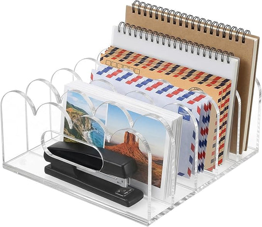 5-Compartments Acrylic Mail Organizer for Desktop, Scalloped Mail Sorter Organizer, Space Saving Acrylic File Organizer for Letter File Bills, Clear
