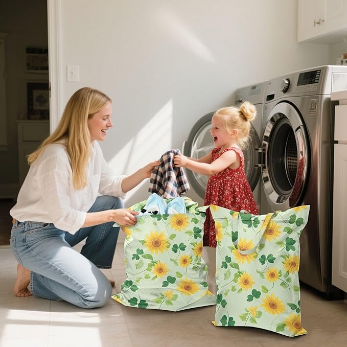 Travel Laundry Bags 2 PC Wet Dry Bag with Handle Dirty Clothes Organizer for Swimsuits Beach Camping Waterproof Washable Green Sunflowers and Clover