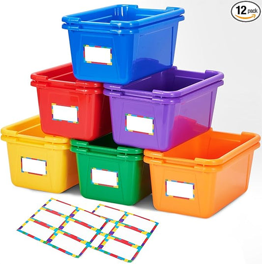 GAMENOTE 6 Quart Open Storage Bins – 12 Pack Rainbow Plastic Stackable Bins for Classroom & Kids Toy Organization with Removable Labeling Stickers, Opaque Shoe Box Size Containers for Crafts & Buildin