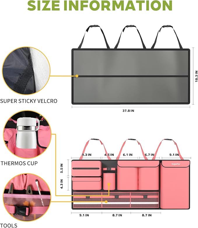 SugarFox Backseat Hanging Trunk Organizer for SUVs, Cars, Trucks & MPVs | Multi-Pocket Storage with Anti-Slip Straps | Space-Saving Auto Accessory | Gift for Men & Women | Pink, 37.8" x 18.1" - K230