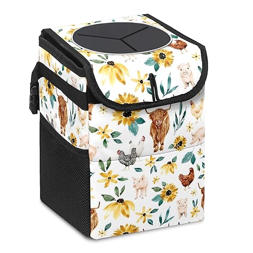 Car Trash Can with Lid Boho Floral Highland Cow Pig Collapsible Reusable Leak-Proof Auto Garage Bag,Hanging Vehicle Car Accessories Interior Car Organizer
