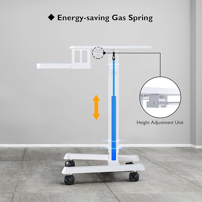 BONTEC Mobile Standing Desk with Keyboard Tray, Mobile Podium, Rolling Laptop Sit Stand Desk on Wheels, Adjustable Height Up to 33lbs, Portable Computer Workstation Cart for Living Room, Office, White