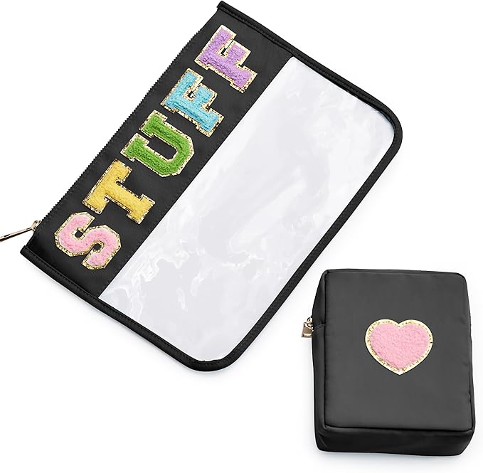 Preppy Patch Stuff Bag for Travel, 2 PCS Chenille Letter Clear Sunscreen Bag, PU Waterproof Beach Snack Makeup Cosmetic Bag Pouch, Gift for Women Girls