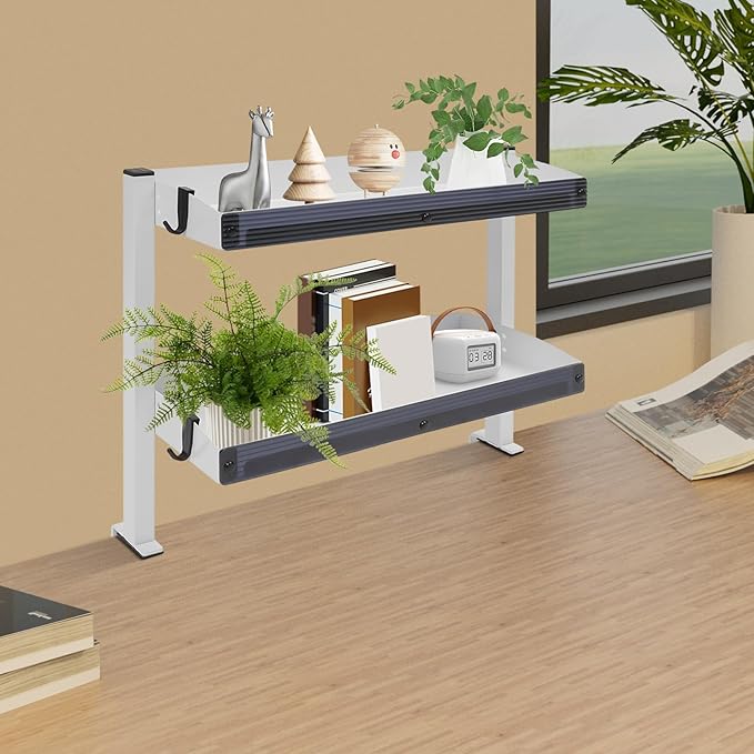 Clamp On Desk Shelf 2 Tier, Under Desk Storage Organizer, Adjustable Hanging Desk Shelf for Office Bedside Table, Space Saving Desktop Shelf with Guardrail, 17.32 x 15.35 Inch (White)