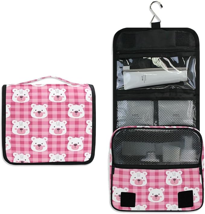 senya Hanging Travel Toiletry Bag Cute Kit Makeup Case Cosmetics Organizer for Men Women (Pink Checkered Bear's Face)