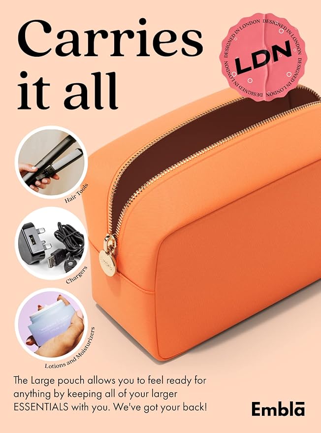 Embla Large Makeup Bag and Waterproof Nylon Travel Toiletry Bag, Large Capacity Cosmetic Zipper Pouch, Orange