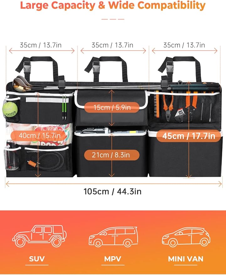 Oasser Car Storage Organizer New Version, Hanging Trunk Organizer with 10 Different Functional Storage Bags for SUV Truck MPV VAN