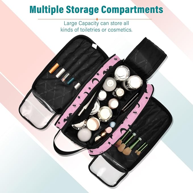 MNSRUU Travel Makeup Bag,Pink Goth with Bats Makeup Bag Large Capacity Portable Travel Toiletries Bag for Travel Size Cosmetic Bag Organizer, Women Toiletry Makeup Bag Organizer