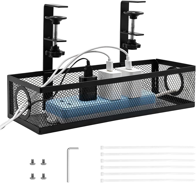 Under Computer Desk Cable Management Tray, No Drill Clamp-On Cord Organizer, Sturdy Metal Wire Tray for Office & Home Desks, Black