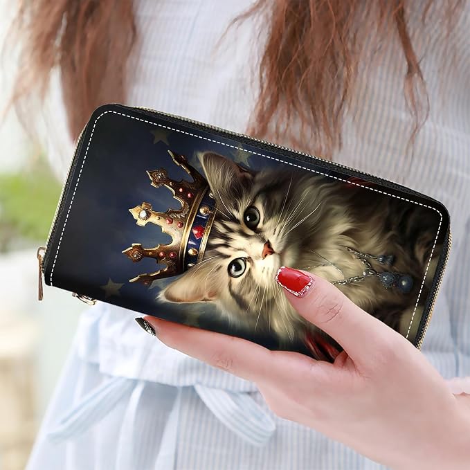 Women's Large Capacity Wallet PU Leather Zip Around Clutch Purse Multifunctional Wallet with Removable Wristlet Strap for Smart Phone/Coin/Card/Cash, Cat Wearing Crown