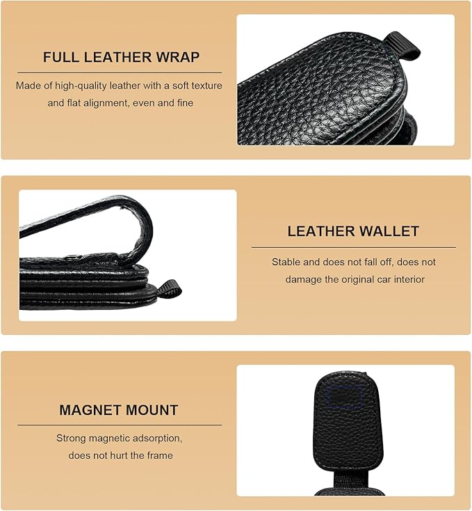 2 PCS Sunglasses Holders for Car Visor, Magnetic Leather Eyeglasses Hanger Mounter Ticket Card Clip, Auto Sun Visor Glasses Holder Business Card Organizer for Men Women (Black)