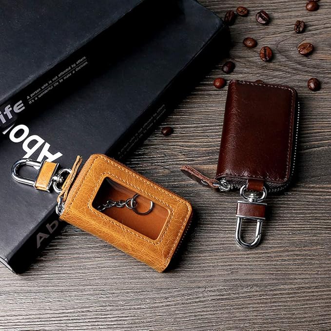 BAKUN Premium Mini Leather Car Key Case, Car Smart Key Chain Holder Wallet Zipper Bag for Remote Key Fob