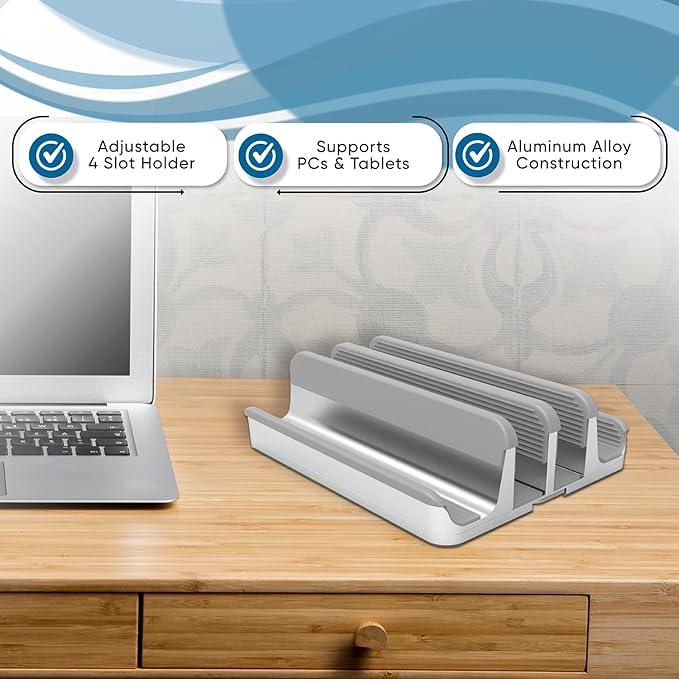 Elestoria 4- Slot Vertical Laptop Stand - Aluminum Laptop Stand Vertical for Desk - Fits MacBook Pro/Air, Surface, Mobiles & Gaming Laptops up to 17.3" - Heavy Duty Laptop Holder for Desk - Silver