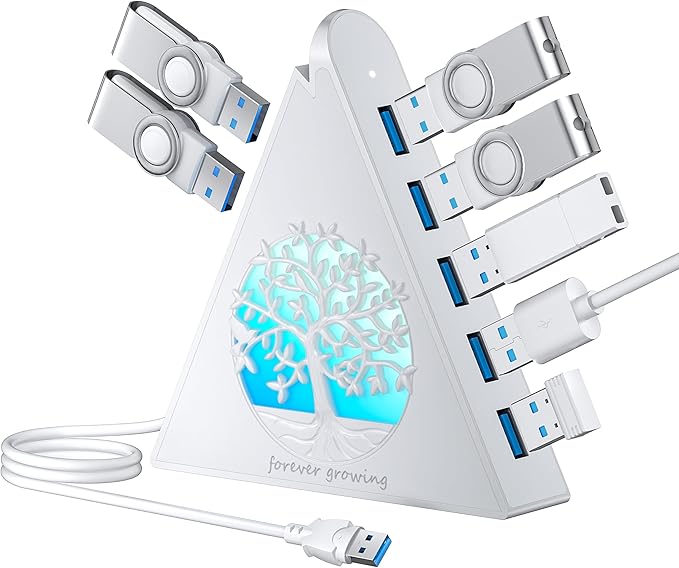 7-Port USB 3.0 Hub, White Vertical USB Hub Splitter with Tree-Shaped RGB Lighting, 5Gbps High-Speed Transfer, 2FT Extension Cable, Compatible with PC, MacBook, Laptop, Flash Drive, Printer