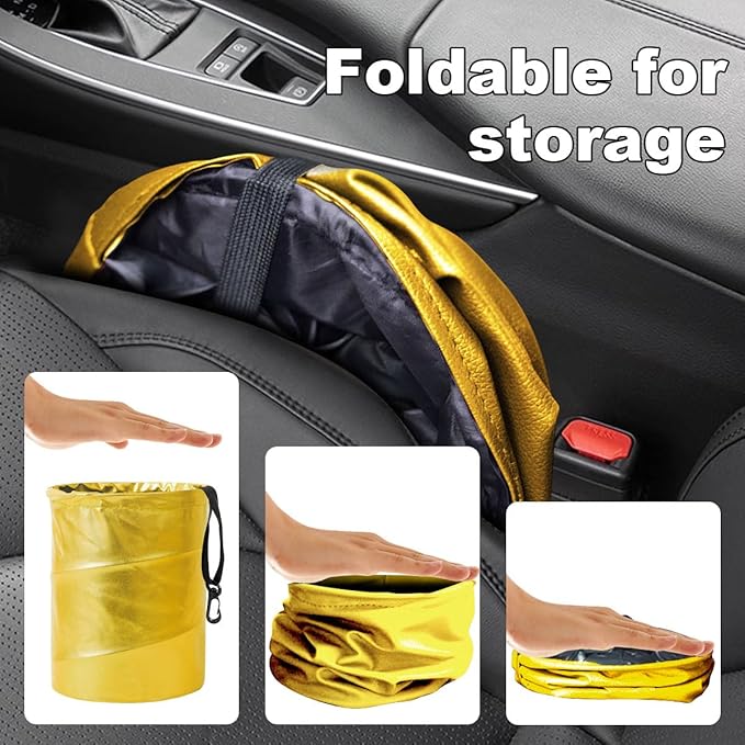 Collapsible Trash Can Car Garbage Bag - Leather Pop-up Car Trash Bin with Elastic Band - Hanging Foldable Garbage Can Vehicle Waste Basket Bin - Double-Layer Washable Bag for Cars Camping (Gold)