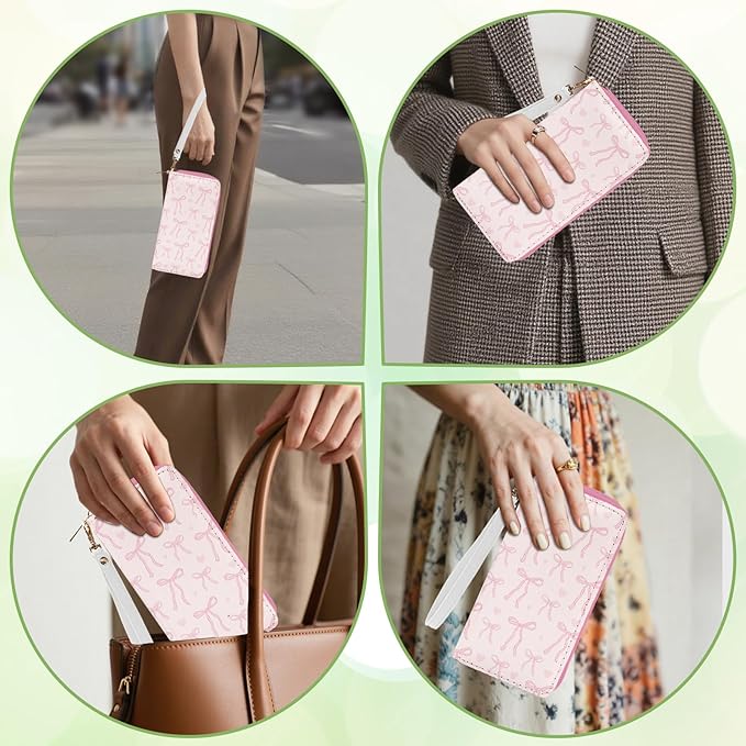 Pink Bow Wallet for Women - Slim PU Leather Womens Wallet with Cash Zipper Coin Purse, Small Credit Card Holder Travel Wallet, Wristlet Wallets for Female Ladies Teen Girls Purse (Girly Gift)
