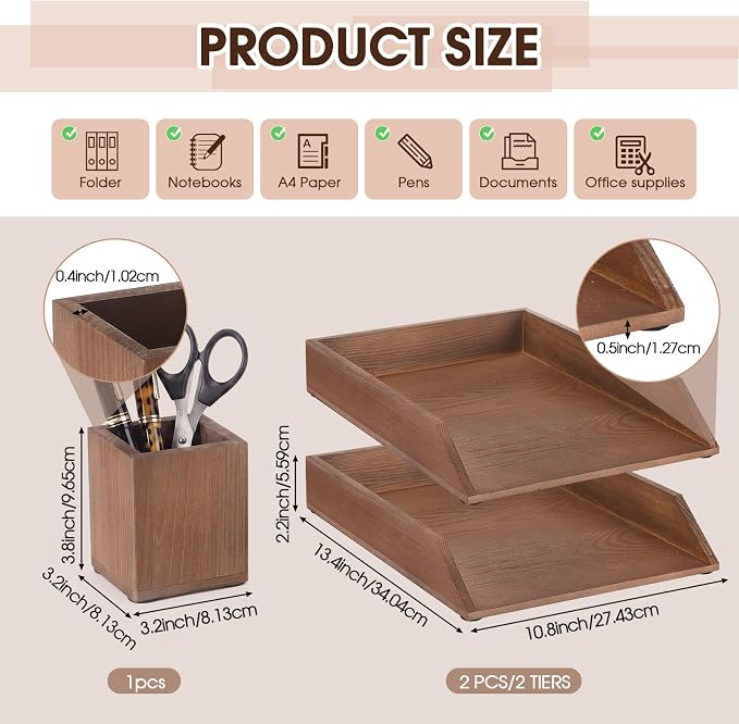 Nuanchu 2 Pcs Wooden Letter Trays with Pen Holder Wood Desk Organizer Set Heavy Duty 2 Tier Brown Stackable Supports Letter-Size Paper Tray Desktop Drawer Pen Magazine File Folder Office Accessories