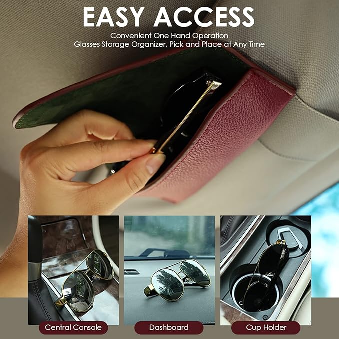 Magnetic Sunglass Holder for Car Visor Clip, Leather Car Glasses Holder, Visor Accessories Eyeglasses Holder Glasses Storage Case (02-Red)