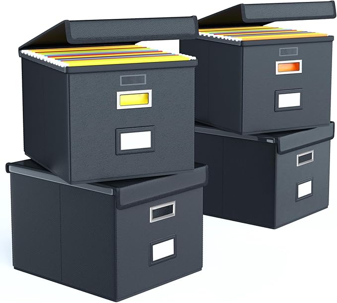 Portable Leather File Organizer Boxes with Lids, Office Document Boxes Organizer, Filing Boxes, Decorative Small File Boxes for Hanging Files with Plastic Slide for Office/Decor/Home