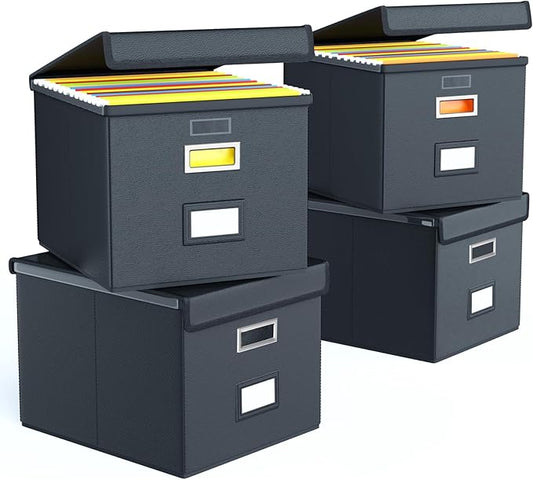 Portable Leather File Organizer Boxes with Lids, Office Document Boxes Organizer, Filing Boxes, Decorative Small File Boxes for Hanging Files with Plastic Slide for Office/Decor/Home
