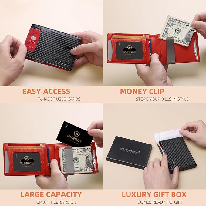 RUNBOX Slim Money Clip Wallets for Men RFID Blocking 11 Card Holder Minimalist Small Leather Bifold Men's Front Pocket Wallet Gift Box