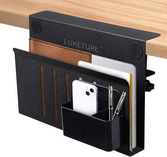 LUKETURE Laptop Holder, Steel Desk Side Storage, No Drill Standing Desk Accessories, Laptop Mount with Pen Holder, Back to School Supplies, Fits Flat Edge Tables 0.3" to 2.8" (Black, M(1 Tier))