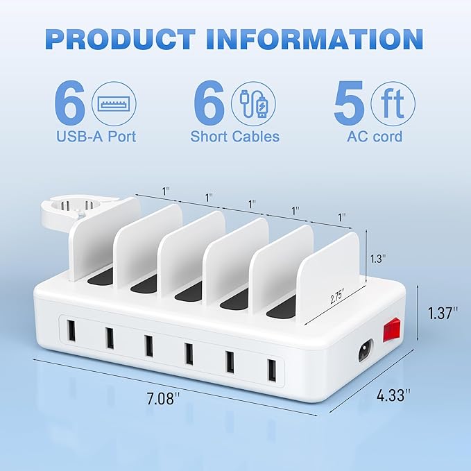 CREATIVE DESIGN Charging Station for Multiple Devices, 50W 6 Ports Charging Dock with 6 Cables Compatible with Cellphone,Tablet, Kindle, Apple Watch and Other Electronic