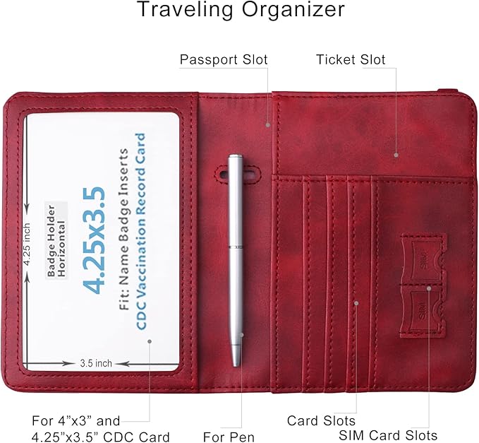 WALNEW Passport Holder Wallet, RFID Blocking Passport Cover Case PU leather Card Holder with Pen and Clear Card Slot for Women Men, Red