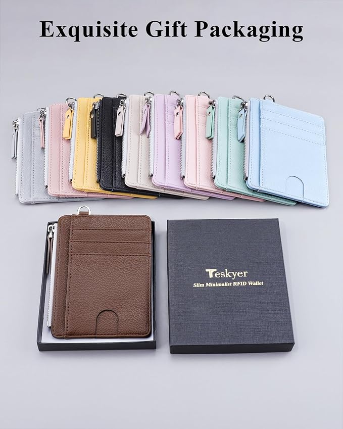 Teskyer Slim Card Holder Wallet with Zip Pocket, RFID Blocking, Total 9 Compartments Large Capacity, 3.5" x 4.7" (Slight Larger Than Usual), Faux Leather - Coffee
