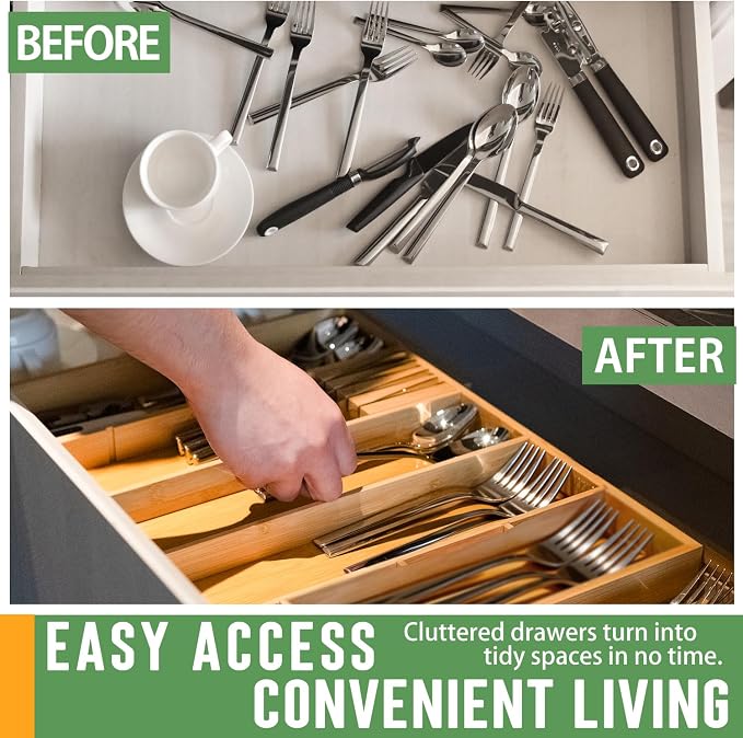 Bamboo Expandable Drawer Organizer with Removable Dividers, 15"-22" Adjustable Tray for Kitchen Utensils, Makeup & Office Storage