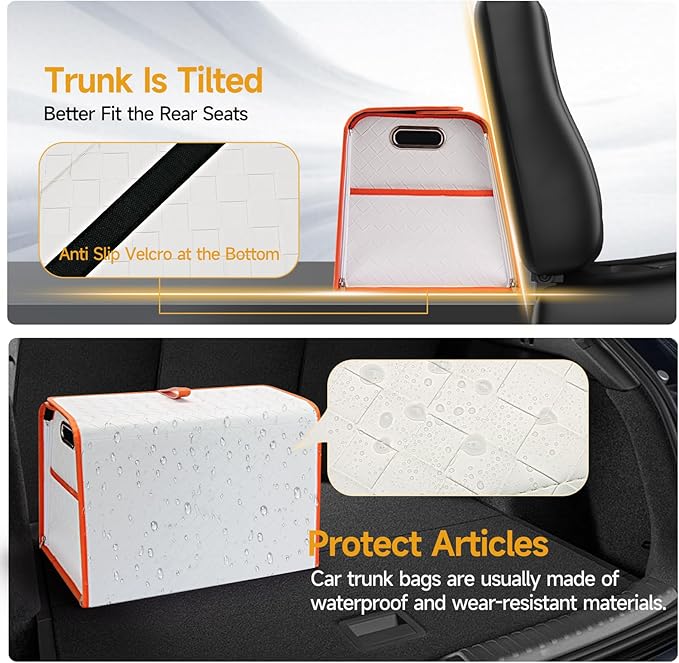 Homeve Trunk Organizer, Waterproof, Collapsible, 2 Compartments Car Organizer, Foldable Storage for Car Accessories, Tools, Women, Men (White+Orange, Standard)