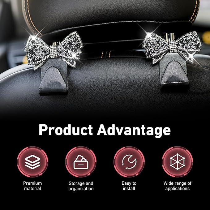2 PCS Car Headrest Hooks, Cute Bowknot Auto Seat Back Hangers for Purses Bags Coats, Bling Rhinestone Interior Storage Organizer Hooks, Universal for Cars SUVs Trucks (Black)