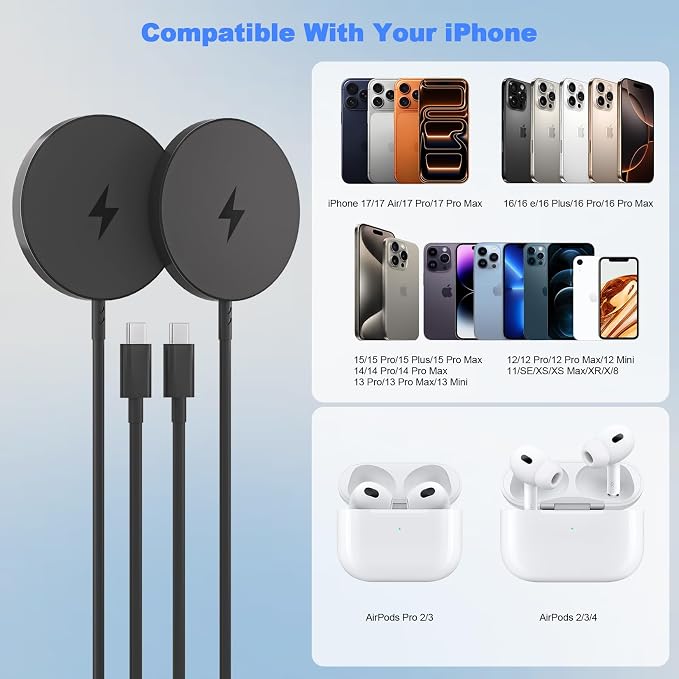 Magnetic Wireless Charger for iPhone 17 16,2Pack 6FT Wireless iPhone Charging Fast Mag-Safe Charger with Apple USB C Charging Block for iPhone 17 Pro max/17Air/16/15/14/13/12/11/AirPods Pro 3/2-Black