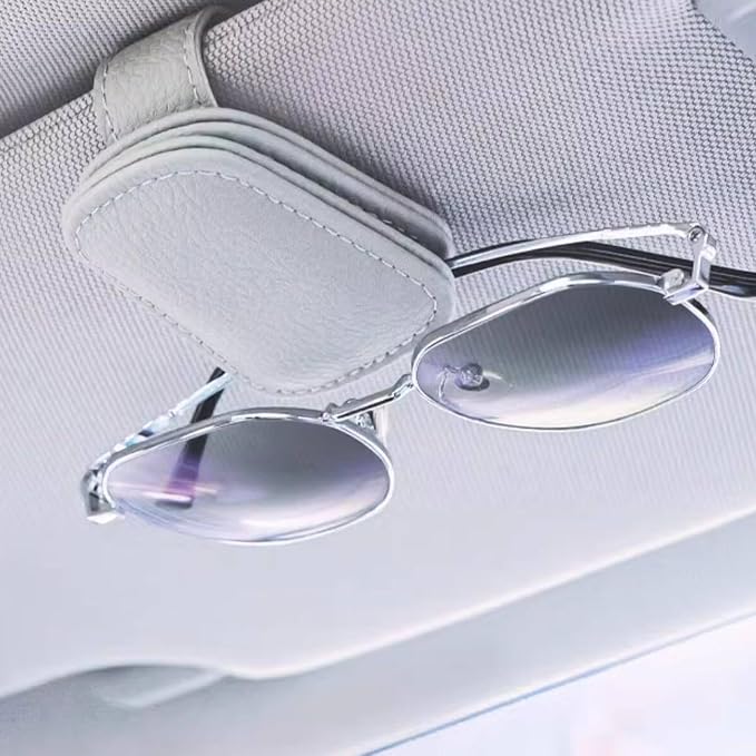 Sunglass Holder for Car Visor, Magnetic Leather Glasses Eyeglass Clip Hanger Clip for Car Truck, Ticket Card Clip for Any Eyeglasses, Gray, 2Pack