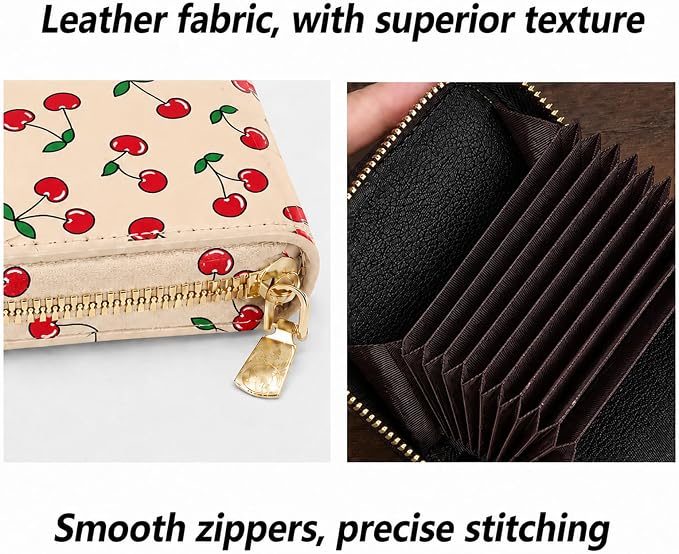 Ladies change card bag, zip storage bank card case, small portable 11 large capacity pouch, holds banknote change credit card(Khaki-colored cherries)