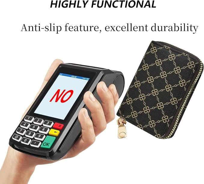 Ladies change card bag, zip storage bank card case, small portable 11 large capacity pouch, holds banknote change credit card (Brown grid)