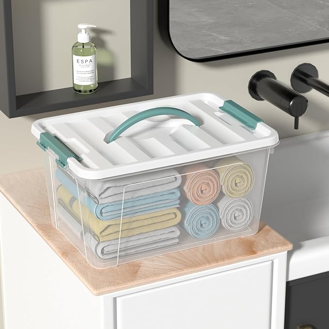 Jekiyo 14 Quart Clear Storage Box with Handle, Plastic Latching Bins with Lids, 4 Packs