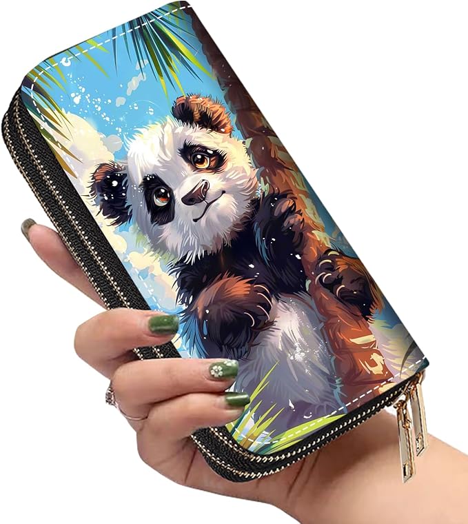 Women's Large Capacity Wallet PU Leather Double Zipper Clutch Purse Multifunctional Wallet with Removable Wristlet Strap for Smart Phone/Coin/Card/Cash, Watercolor Art Panda