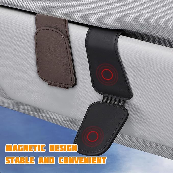 Sunglasses Holder for Car Visor, Microfiber Leather Magnetic Sun Visor Eyeglasses Hanger & Ticket Card Clip, Multi-Function Automotive Interior Glasses Mount, Universal Fit (Brown)