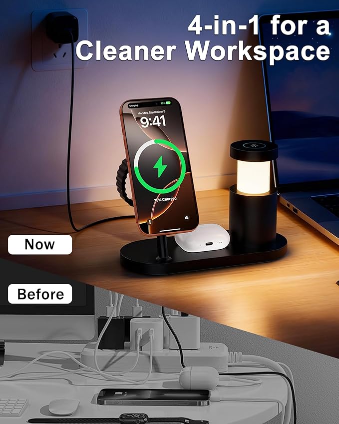 MagSafe Charger Compatible, 4-in-1 Charging Station, Qi2.2 25W Certified with LED Night Light/Magnetic Wireless Charger for iPhone 17/16/15,Apple Watch,AirPods,Pixel 10(45W Adapter Included)