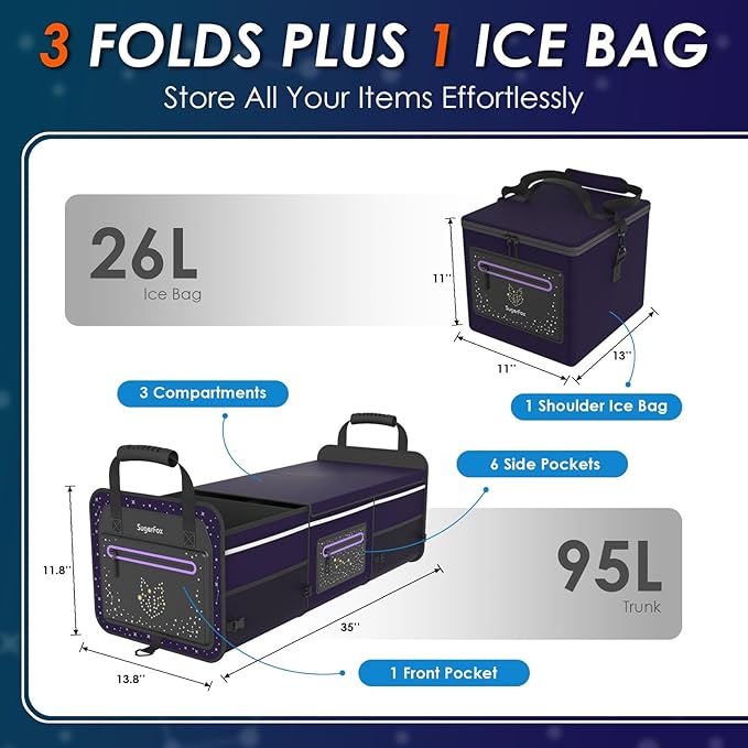 SugarFox Car Trunk Organizer | Foldable, Waterproof | Trunk Organizer for SUV/Cars | Car Organizers & Storage - Car Accessories for Women -M004 (Purple With Ice Pack, X-Large)