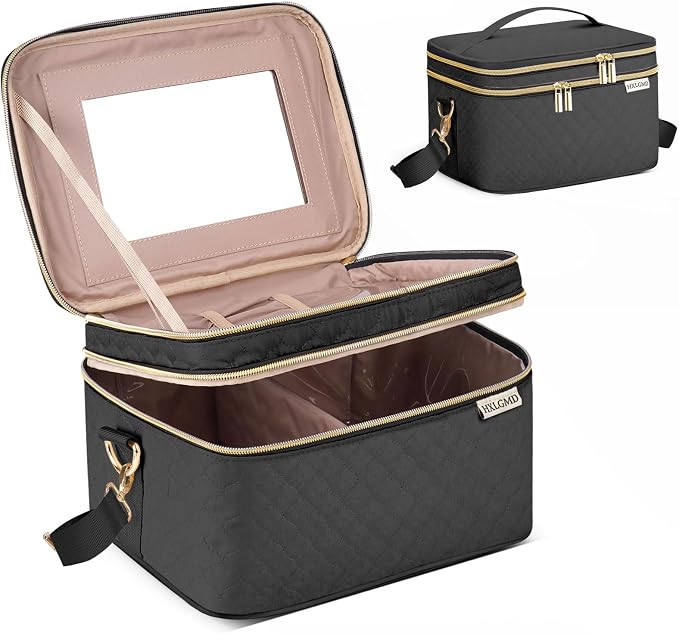 HXLGMD Double Layer Travel Makeup Bag Women, Cosmetic Organizer Case, Travel Essentials Accessories with Shoulder Strap for Bottles, Brushes, Conditioner, Skin Care Products, Black